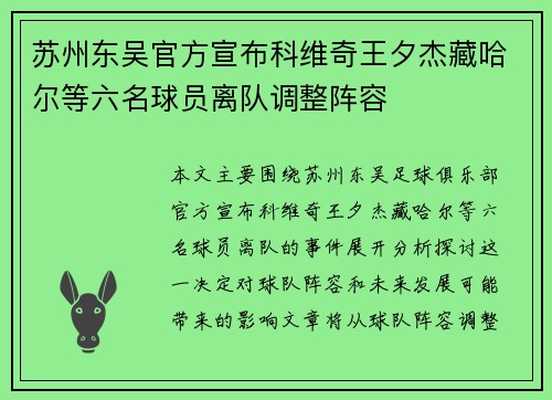 苏州东吴官方宣布科维奇王夕杰藏哈尔等六名球员离队调整阵容