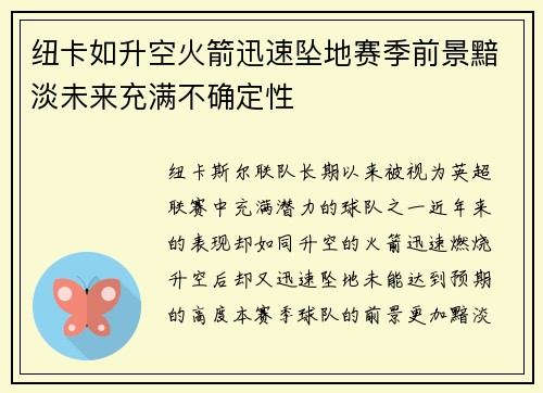 纽卡如升空火箭迅速坠地赛季前景黯淡未来充满不确定性