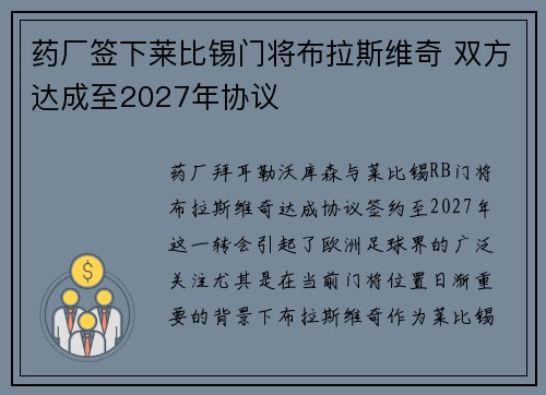 药厂签下莱比锡门将布拉斯维奇 双方达成至2027年协议