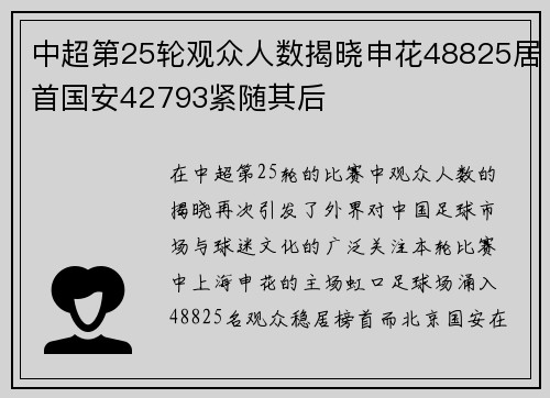 中超第25轮观众人数揭晓申花48825居首国安42793紧随其后