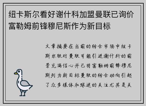 纽卡斯尔看好谢什科加盟曼联已询价富勒姆前锋穆尼斯作为新目标